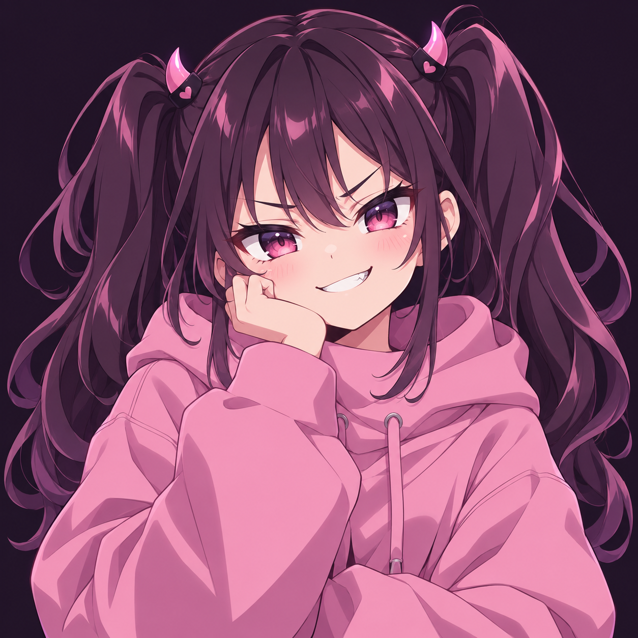 にやっと笑いながらこちらを見る、ピンクのパーカー姿の小悪魔ちゃん